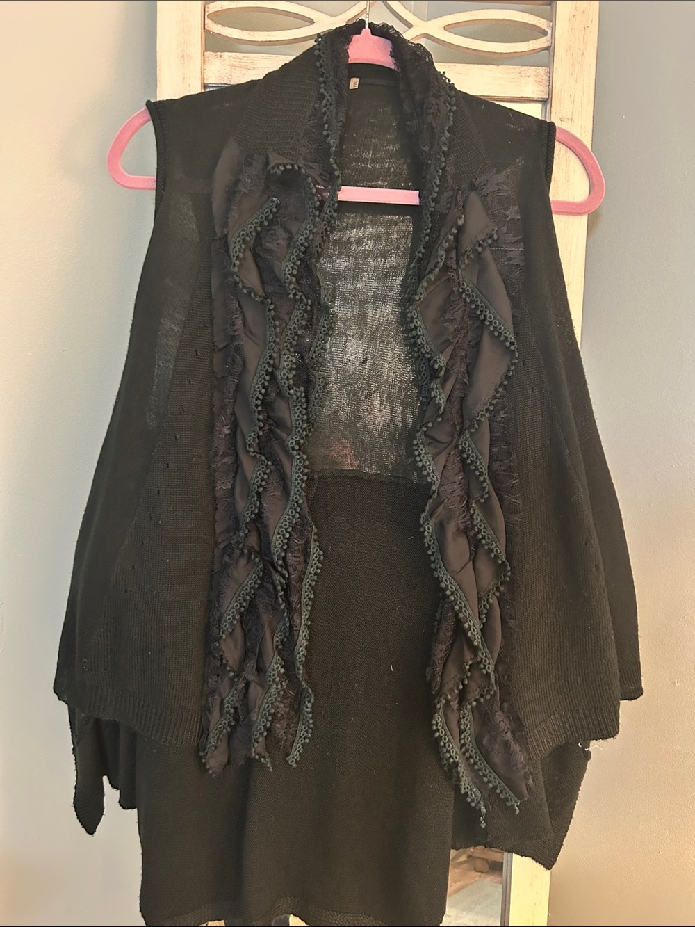 C. Luce Black Ruffled Open-Front Sweater Vest